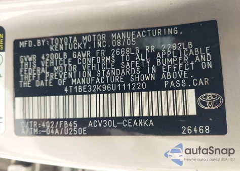 2006 Toyota Camry Le from USA, damaged, VIN 4T1BE32K96U111220